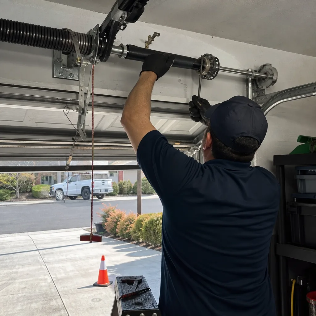 Professional technician performing a garage door spring repair