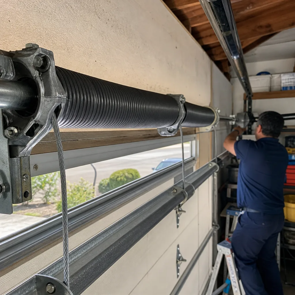 Technician performing a garage door torsion spring repair